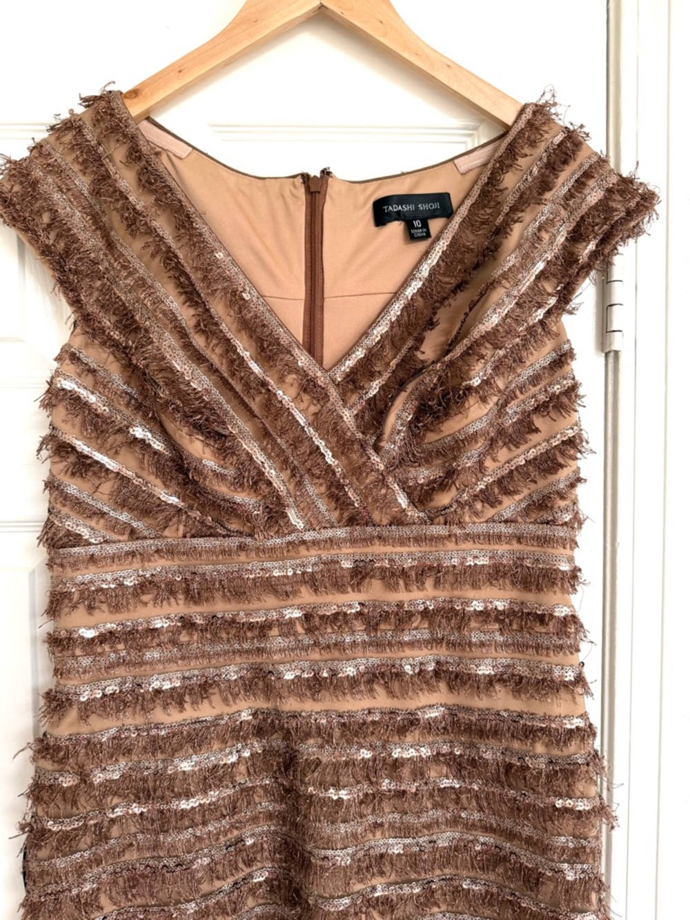 Tadashi Shoji Thora Silken Fringe Dress NWT Brown Tan Gold Midi Length 10 - Picture 5 of 10